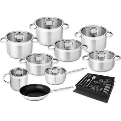 Juego de Cocina Atlantico de Vidrio en Acero Inoxidable (9 Piezas + Cubiertos) - SILAMPOS Juego de Cocina Atlantico de Vidrio en Acero Inoxidable (9 Piezas + Cubiertos) - SILAMPOS