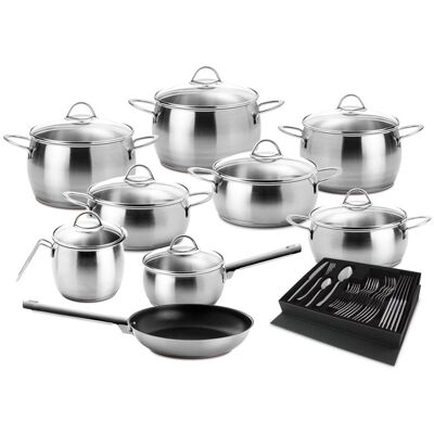 Juego de Cocina Oceanus de Vidrio Satinado en Acero Inoxidable (9 Piezas + Cubiertos) - SILAMPOS Juego de Cocina Oceanus de Vidrio Satinado en Acero Inoxidable (9 Piezas + Cubiertos) - SILAMPOS