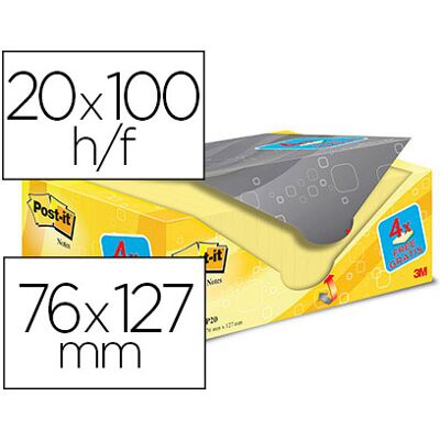 Bloc Notas Post-It Super Sticky Amarillo Canario Nota Adhesiva 76X127 mm (20uds) + 4 Gratis Bloc Notas Post-It Super Sticky Amarillo Canario Nota Adhesiva 76X127 mm (20uds) + 4 Gratis