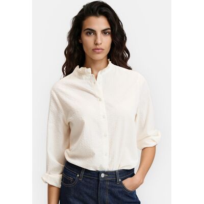 La Redoute Blusa de manga larga con cuello volado, confeccionada en algodón seersucker. Talla 50. Color La Redoute Blusa de manga larga con cuello volado, confeccionada en algodón seersucker. Talla 50. Color
