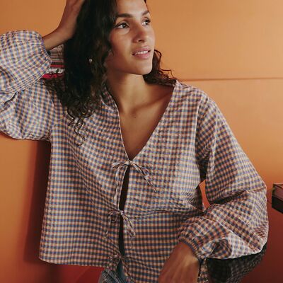 La Redoute Blusa de cuadros con cuello de pico y lazos para anudar. Talla XL. Color La Redoute Blusa de cuadros con cuello de pico y lazos para anudar. Talla XL. Color