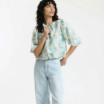 La Redoute Blusa con estampados florales, cuello redondo y mangas abullonadas. Talla XL. Color La Redoute Blusa con estampados florales, cuello redondo y mangas abullonadas. Talla XL. Color