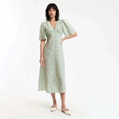 La Redoute Vestido midi con cuello de pico, manga corta y estampados florales. Talla S. Color La Redoute Vestido midi con cuello de pico, manga corta y estampados florales. Talla S. Color