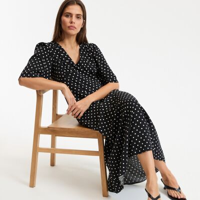 La Redoute Vestido largo evasé con estampado de lunares, largo, manga corta. Talla XS. Color La Redoute Vestido largo evasé con estampado de lunares, largo, manga corta. Talla XS. Color