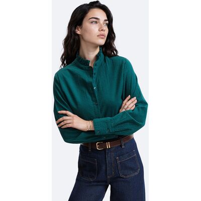 La Redoute Blusa de manga larga con cuello volado, confeccionada en algodón seersucker. Talla 40. Color La Redoute Blusa de manga larga con cuello volado, confeccionada en algodón seersucker. Talla 40. Color