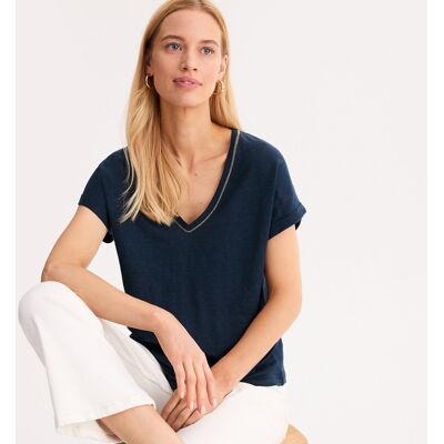 ANNE WEYBURN Camiseta de lino con cuello de pico y manga corta. Color ANNE WEYBURN Camiseta de lino con cuello de pico y manga corta. Color