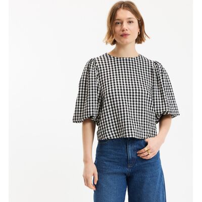 La Redoute Blusa con cuello redondo, de cuadros, mangas cortas abullonadas. Talla S. Color La Redoute Blusa con cuello redondo, de cuadros, mangas cortas abullonadas. Talla S. Color