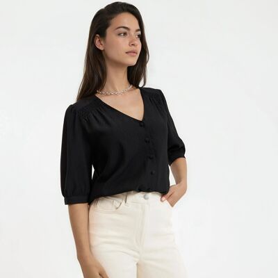 La Redoute Blusa fluida, cuello en V, manga corta. Talla XS. Color La Redoute Blusa fluida, cuello en V, manga corta. Talla XS. Color