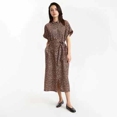 La Redoute Vestido evasé estampado animal, largo, manga corta. Talla XXL. Color La Redoute Vestido evasé estampado animal, largo, manga corta. Talla XXL. Color