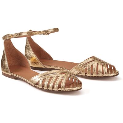 La Redoute Sandalias con tira al tobillo, tacón plano de piel metalizada. Talla 37. Color La Redoute Sandalias con tira al tobillo, tacón plano de piel metalizada. Talla 37. Color