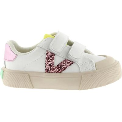 VICTORIA Zapatillas Tribu Blancas Con Cierre De Tiras, Efecto Piel Y Logo Glitter Rosa Neón Petalo Talla 34 VICTORIA Zapatillas Tribu Blancas Con Cierre De Tiras, Efecto Piel Y Logo Glitter Rosa Neón Petalo Talla 34