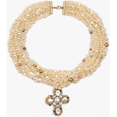 Parfois Collar corto de perlas con cruz decorativa. Blanco Parfois Collar corto de perlas con cruz decorativa. Blanco