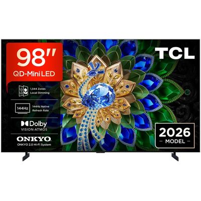 TCL TV QD-MiniLED 248cm (98") 98A400U, 4K HDR 2500 nits, Google TV, Dolby Vision IQ & Atmos, 2.0 Onkyo, 144Hz, AirPlay 2. Acero oscuro TCL TV QD-MiniLED 248cm (98") 98A400U, 4K HDR 2500 nits, Google TV, Dolby Vision IQ & Atmos, 2.0 Onkyo, 144Hz, AirPlay 2. Acero oscuro