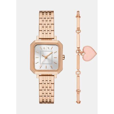 Giorgio Armani Conjunto reloj de mujer con pulsera de acero inoxidable en tono oro rosa con tres agujas. Rosa Giorgio Armani Conjunto reloj de mujer con pulsera de acero inoxidable en tono oro rosa con tres agujas. Rosa