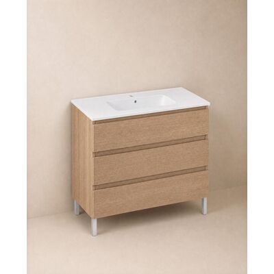Cosmic Mueble de baño con patas con 3 cajones y lavabo de porcelana BBest . (100 cm) Nogal Cosmic Mueble de baño con patas con 3 cajones y lavabo de porcelana BBest . (100 cm) Nogal