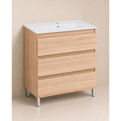 Cosmic Mueble de baño con patas con 3 cajones y lavabo de porcelana BBest . (80 cm) Roble Cosmic Mueble de baño con patas con 3 cajones y lavabo de porcelana BBest . (80 cm) Roble