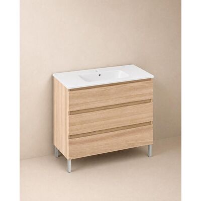 Cosmic Mueble de baño con patas con 3 cajones y lavabo de porcelana BBest . (100 cm) Roble Cosmic Mueble de baño con patas con 3 cajones y lavabo de porcelana BBest . (100 cm) Roble