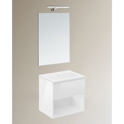 Cosmic Conjunto de mueble de baño suspendido con 1 cajón, 2 perchas, 1 lavabo de porcelana y 1 aplique de pared B-Best . (60 cm) Blanco brillo Cosmic Conjunto de mueble de baño suspendido con 1 cajón, 2 perchas, 1 lavabo de porcelana y 1 aplique de pared B-Best . (60 cm) Blanco brillo