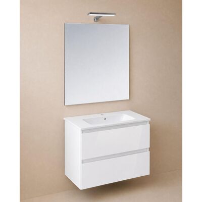 Cosmic Conjunto de mueble de baño suspendido con 2 cajones, 1 lavabo de porcelana, 1 espejo y 1 aplique de pared BBest . (80 cm) Blanco brillo Cosmic Conjunto de mueble de baño suspendido con 2 cajones, 1 lavabo de porcelana, 1 espejo y 1 aplique de pared BBest . (80 cm) Blanco brillo