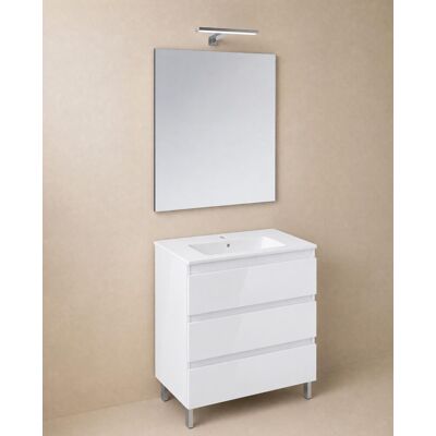 Cosmic Conjunto de mueble de baño con patas con 3 cajones, 1 lavabo de porcelana, 1 espejo y 1 aplique de pared BBest . (80 cm) Blanco brillo Cosmic Conjunto de mueble de baño con patas con 3 cajones, 1 lavabo de porcelana, 1 espejo y 1 aplique de pared BBest . (80 cm) Blanco brillo