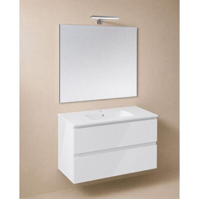 Cosmic Conjunto de mueble de baño suspendido con 2 cajones, 1 lavabo de porcelana, 1 espejo y 1 aplique de pared BBest . (100 cm) Blanco brillo Cosmic Conjunto de mueble de baño suspendido con 2 cajones, 1 lavabo de porcelana, 1 espejo y 1 aplique de pared BBest . (100 cm) Blanco brillo