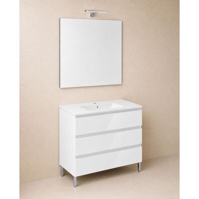 Cosmic Conjunto de mueble de baño con patas con 3 cajones, 2 perchas, 1 lavabo de porcelana, 1 espejo y 1 aplique de pared BBest . (100 cm) Blanco brillo Cosmic Conjunto de mueble de baño con patas con 3 cajones, 2 perchas, 1 lavabo de porcelana, 1 espejo y 1 aplique de pared BBest . (100 cm) Blanco brillo