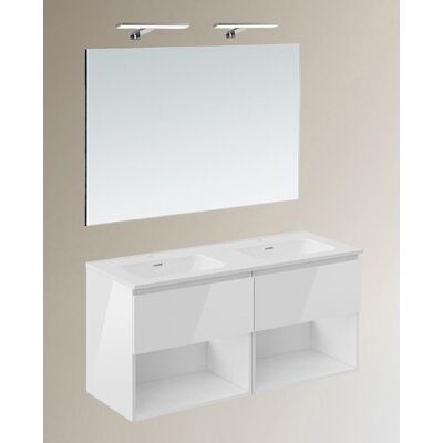 Cosmic Conjunto de mueble de baño suspendido con 2 cajones, 4 perchas, 1 lavabo de porcelana, 1 espejo y 1 aplique de pared B-Best . (120 cm) Blanco brillo Cosmic Conjunto de mueble de baño suspendido con 2 cajones, 4 perchas, 1 lavabo de porcelana, 1 espejo y 1 aplique de pared B-Best . (120 cm) Blanco brillo