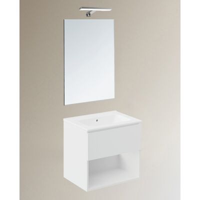 Cosmic Conjunto de mueble de baño suspendido con 1 cajón, 2 perchas, 1 lavabo de porcelana y 1 aplique de pared B-Best . (60 cm) Blanco mate Cosmic Conjunto de mueble de baño suspendido con 1 cajón, 2 perchas, 1 lavabo de porcelana y 1 aplique de pared B-Best . (60 cm) Blanco mate