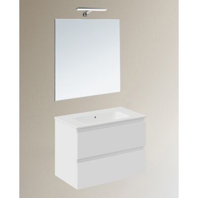 Cosmic Conjunto de mueble de baño suspendido con 2 cajones, 1 lavabo de porcelana, 1 espejo y 1 aplique de pared BBest . (80 cm) Blanco mate Cosmic Conjunto de mueble de baño suspendido con 2 cajones, 1 lavabo de porcelana, 1 espejo y 1 aplique de pared BBest . (80 cm) Blanco mate