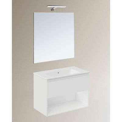 Cosmic Conjunto de mueble de baño suspendido con 1 cajón, 2 perchas, 1 lavabo de porcelana y 1 aplique de pared B-Best . (80 cm) Blanco mate Cosmic Conjunto de mueble de baño suspendido con 1 cajón, 2 perchas, 1 lavabo de porcelana y 1 aplique de pared B-Best . (80 cm) Blanco mate