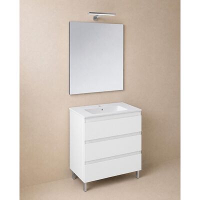 Cosmic Conjunto de mueble de baño con patas con 3 cajones, 1 lavabo de porcelana, 1 espejo y 1 aplique de pared BBest . (80 cm) Blanco mate Cosmic Conjunto de mueble de baño con patas con 3 cajones, 1 lavabo de porcelana, 1 espejo y 1 aplique de pared BBest . (80 cm) Blanco mate