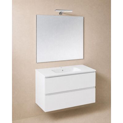 Cosmic Conjunto de mueble de baño suspendido con 2 cajones, 1 lavabo de porcelana, 1 espejo y 1 aplique de pared BBest . (100 cm) Blanco mate Cosmic Conjunto de mueble de baño suspendido con 2 cajones, 1 lavabo de porcelana, 1 espejo y 1 aplique de pared BBest . (100 cm) Blanco mate