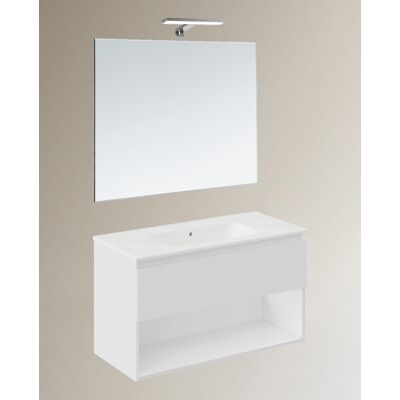 Cosmic Conjunto de mueble de baño suspendido con 1 cajón, 2 perchas, 1 lavabo de porcelana y 1 aplique de pared B-Best . (100 cm) Blanco mate Cosmic Conjunto de mueble de baño suspendido con 1 cajón, 2 perchas, 1 lavabo de porcelana y 1 aplique de pared B-Best . (100 cm) Blanco mate
