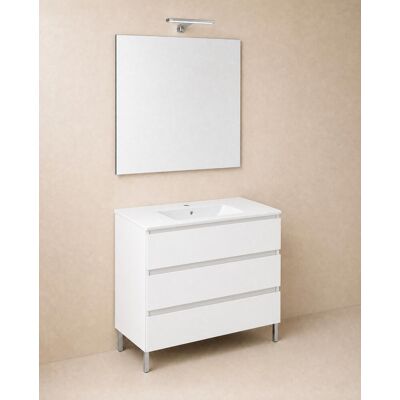 Cosmic Conjunto de mueble de baño con patas con 3 cajones, 2 perchas, 1 lavabo de porcelana, 1 espejo y 1 aplique de pared BBest . (100 cm) Blanco mate Cosmic Conjunto de mueble de baño con patas con 3 cajones, 2 perchas, 1 lavabo de porcelana, 1 espejo y 1 aplique de pared BBest . (100 cm) Blanco mate