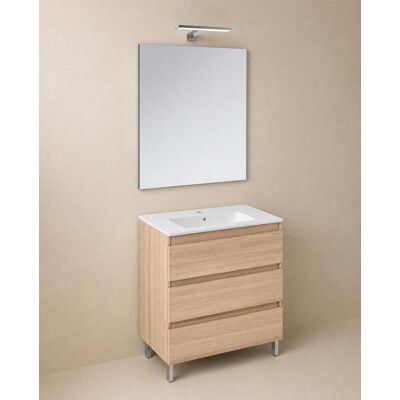 Cosmic Conjunto de mueble de baño con patas con 3 cajones, 1 lavabo de porcelana, 1 espejo y 1 aplique de pared BBest . (80 cm) Roble Cosmic Conjunto de mueble de baño con patas con 3 cajones, 1 lavabo de porcelana, 1 espejo y 1 aplique de pared BBest . (80 cm) Roble