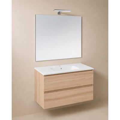 Cosmic Conjunto de mueble de baño suspendido con 2 cajones, 1 lavabo de porcelana, 1 espejo y 1 aplique de pared BBest . (100 cm) Roble Cosmic Conjunto de mueble de baño suspendido con 2 cajones, 1 lavabo de porcelana, 1 espejo y 1 aplique de pared BBest . (100 cm) Roble