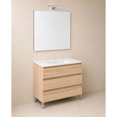 Cosmic Conjunto de mueble de baño con patas con 3 cajones, 2 perchas, 1 lavabo de porcelana, 1 espejo y 1 aplique de pared BBest . (100 cm) Roble Cosmic Conjunto de mueble de baño con patas con 3 cajones, 2 perchas, 1 lavabo de porcelana, 1 espejo y 1 aplique de pared BBest . (100 cm) Roble