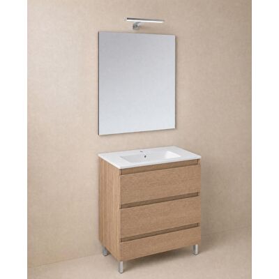 Cosmic Conjunto de mueble de baño con patas con 3 cajones, 1 lavabo de porcelana, 1 espejo y 1 aplique de pared BBest . (80 cm) Nogal Cosmic Conjunto de mueble de baño con patas con 3 cajones, 1 lavabo de porcelana, 1 espejo y 1 aplique de pared BBest . (80 cm) Nogal