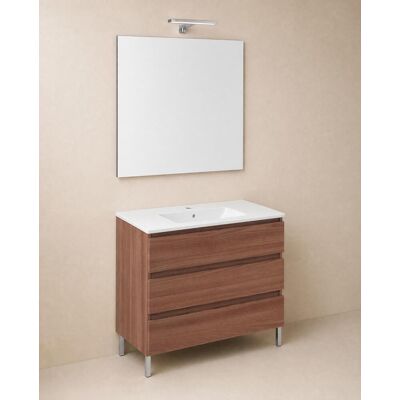 Cosmic Conjunto de mueble de baño con patas con 3 cajones, 2 perchas, 1 lavabo de porcelana, 1 espejo y 1 aplique de pared BBest . (100 cm) Nogal Cosmic Conjunto de mueble de baño con patas con 3 cajones, 2 perchas, 1 lavabo de porcelana, 1 espejo y 1 aplique de pared BBest . (100 cm) Nogal