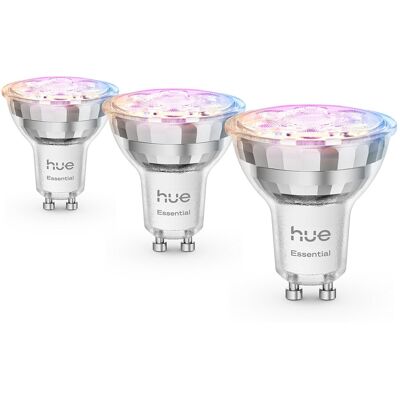 Philips Bombilla inteligente LED Foco Hue Essential 4.7W GU10, RGB, Regulable, Control App y Voz, Asistentes de voz, Pack de 3. Philips Bombilla inteligente LED Foco Hue Essential 4.7W GU10, RGB, Regulable, Control App y Voz, Asistentes de voz, Pack de 3.