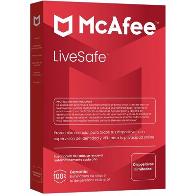 Mcafee LiveSafe, Dispositivos ilimitados, 1 año de suscripción, se renueva automáticamente cada año. Mcafee LiveSafe, Dispositivos ilimitados, 1 año de suscripción, se renueva automáticamente cada año.