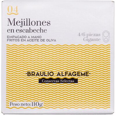 Braulio Alfageme Conservas Selectas Mejillones en escabeche fritos en aceite de oliva 4-6 piezas . Braulio Alfageme Conservas Selectas Mejillones en escabeche fritos en aceite de oliva 4-6 piezas .