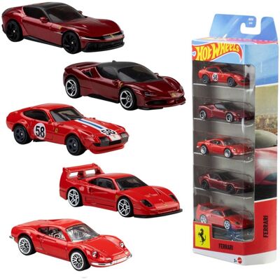 Hot Wheels Pack de 5 vehiculos Ferrari metálicos a escala 1:64 Ferrari con licencia oficial Mattel. Hot Wheels Pack de 5 vehiculos Ferrari metálicos a escala 1:64 Ferrari con licencia oficial Mattel.