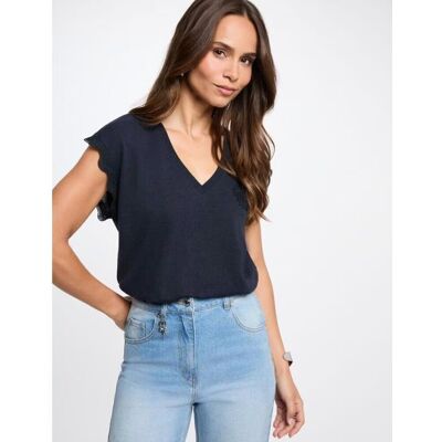 Camiseta Morgan Dcume Cuello En V Marino Con Detalle De Encaje Azul M Mujer Camiseta Morgan Dcume Cuello En V Marino Con Detalle De Encaje Azul M Mujer