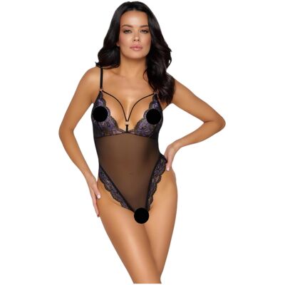 Cottelli - body de encaje abierto con bordado - negro y lila - XL Cottelli - body de encaje abierto con bordado - negro y lila - XL