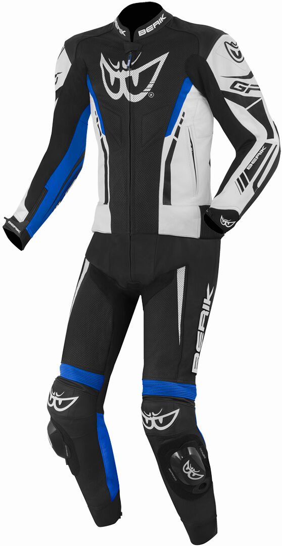 Berik Monza Traje de cuero de motocicleta de dos piezas - Negro Blanco Azul (58)