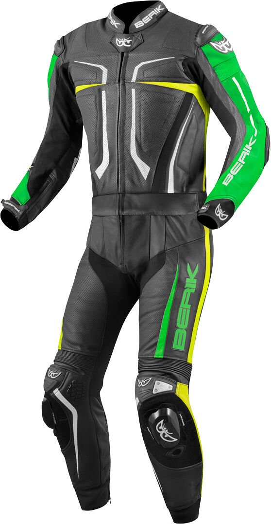 Berik Flumatic Evo Traje de cuero de motocicleta de dos piezas - Negro Verde Amarillo (52)