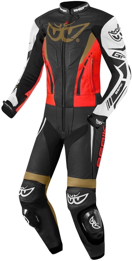 Berik Monza Damas de dos piezas de cuero de motocicleta traje - Negro Rojo Oro (40)