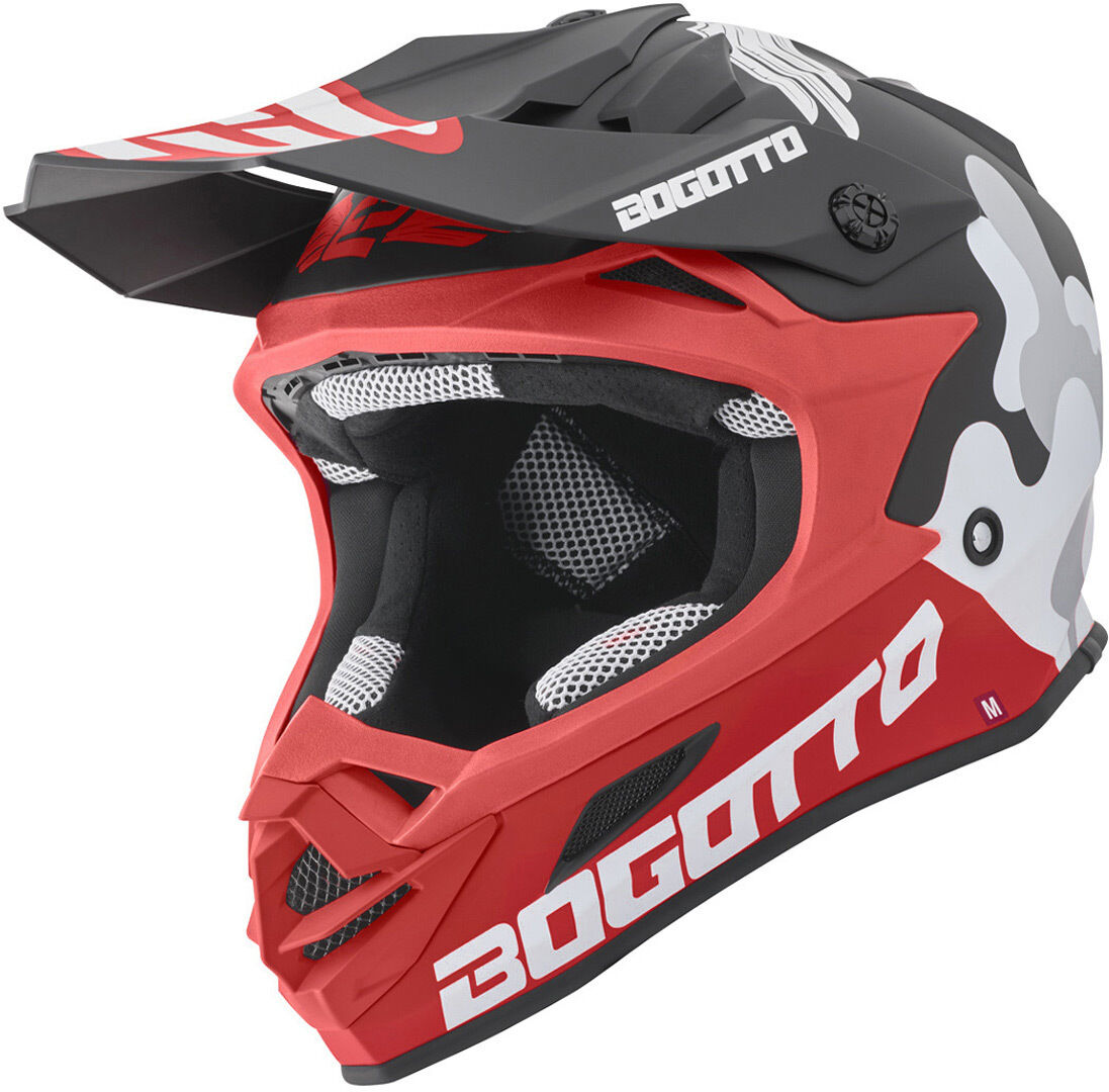 Bogotto V328 Camo Casco de motocross de fibra de vidrio - Negro Blanco Rojo (XS)