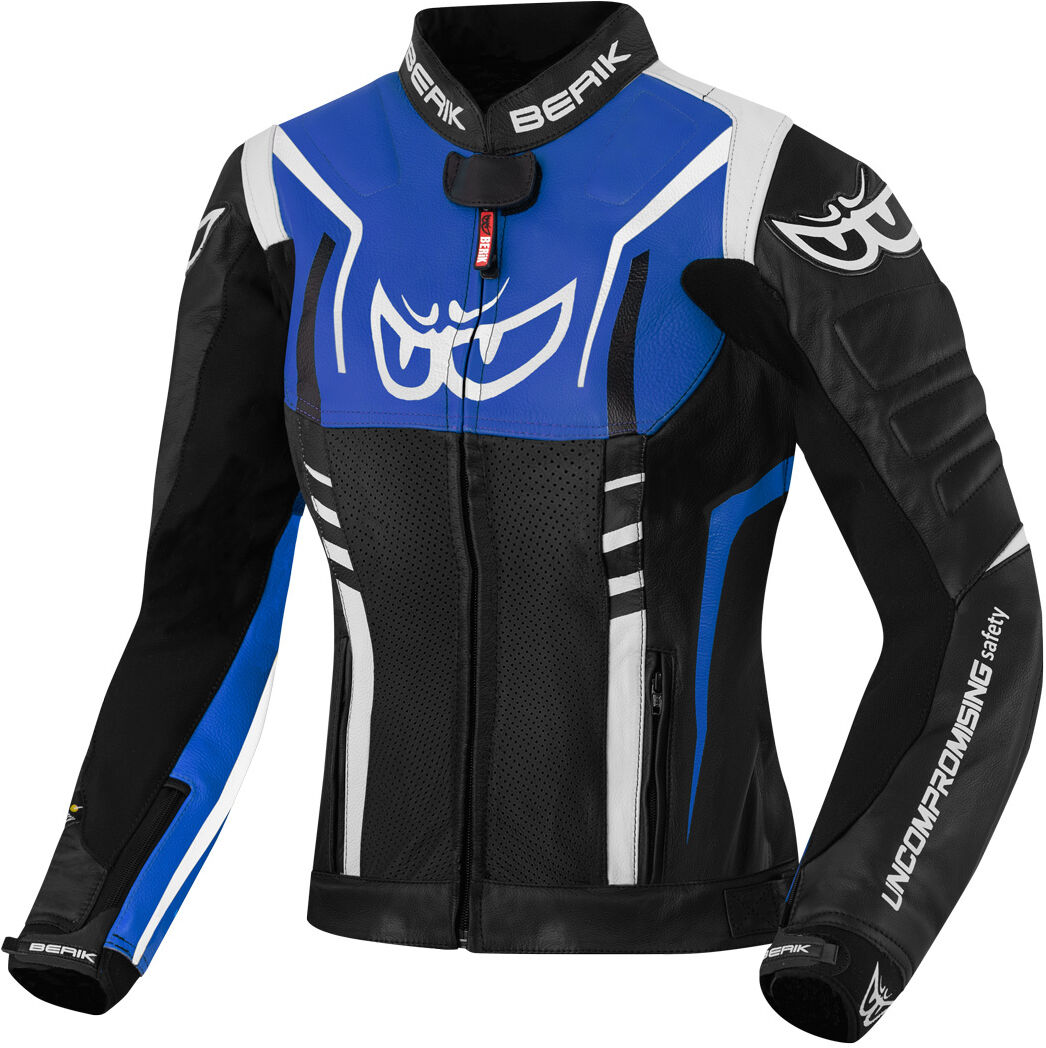 Berik Striper Chaqueta de cuero para motocicleta para damas - Negro Blanco Azul (46)